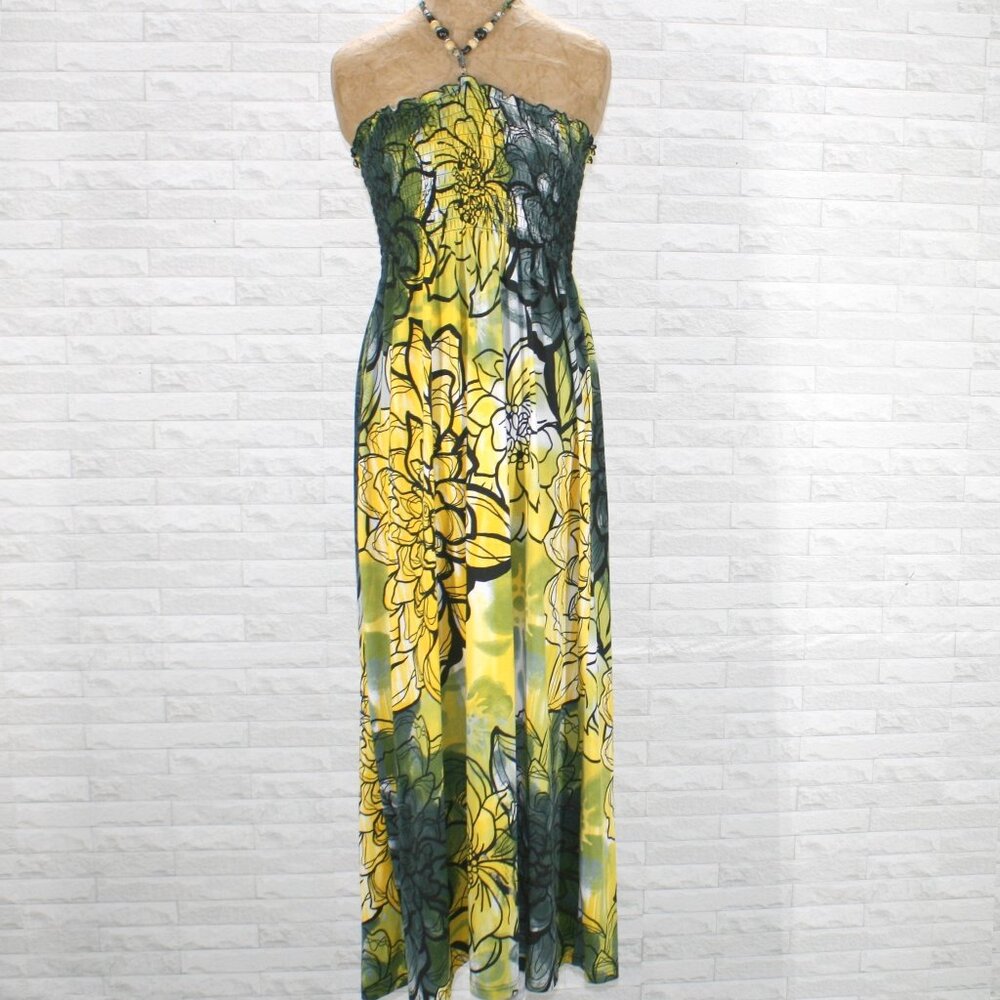 CHESLEY Sundress Maxi Shirred Beaded Halter Floral Resortwear Yellow Black XL